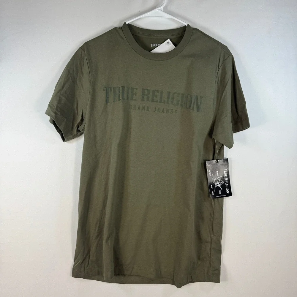 True Religion Mens SS TR Arch Crew T-Shirt Kalamata Olive Green Logo Small NEW